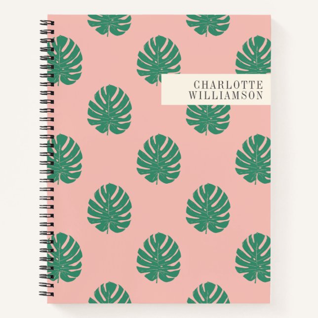 Carnet Motif de feuille de Monstera Tropical Rose et Vert (Devant)
