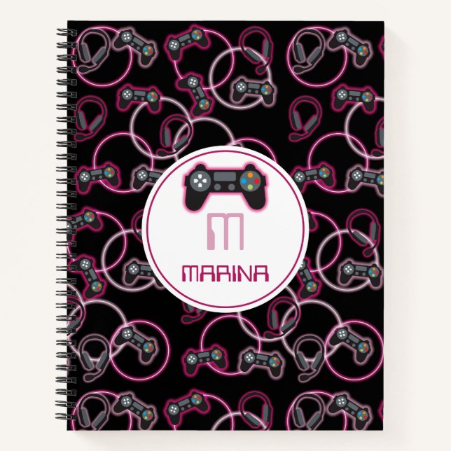 Carnet Motif de filles rose néon de jeu vidéo monogramme (Devant)