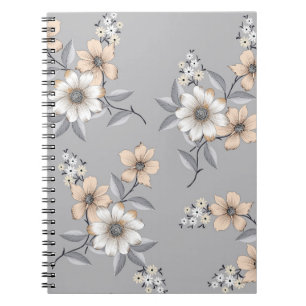 Carnet motif de fleurs grises et blanches sur fond gris
