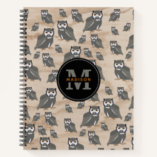 Carnet Motif de hibou & monogramme en bois rustique