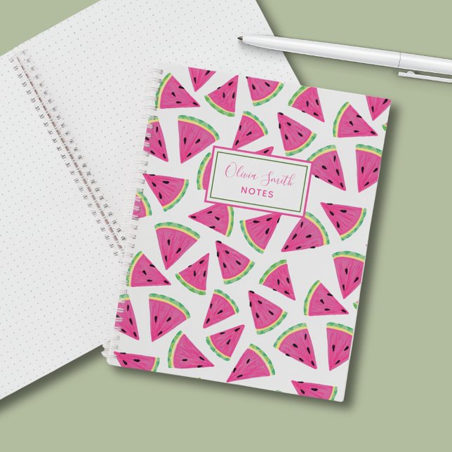 Carnet Motif de pastèque d'été rose personnalisé (Pink girly watermelon notebook. Customize with your name & own text. Home office or back to school.)