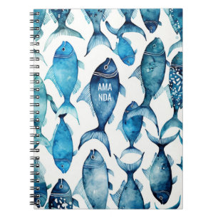 Carnet Motif de poisson marine bleu aquarelle. Animal mar