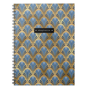 Carnet Motif de ventilateur Art déco personnalisé bleu or