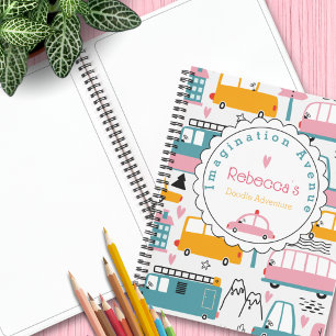 Carnet Motif de voiture rose et Turquoise Nom de l'enfant