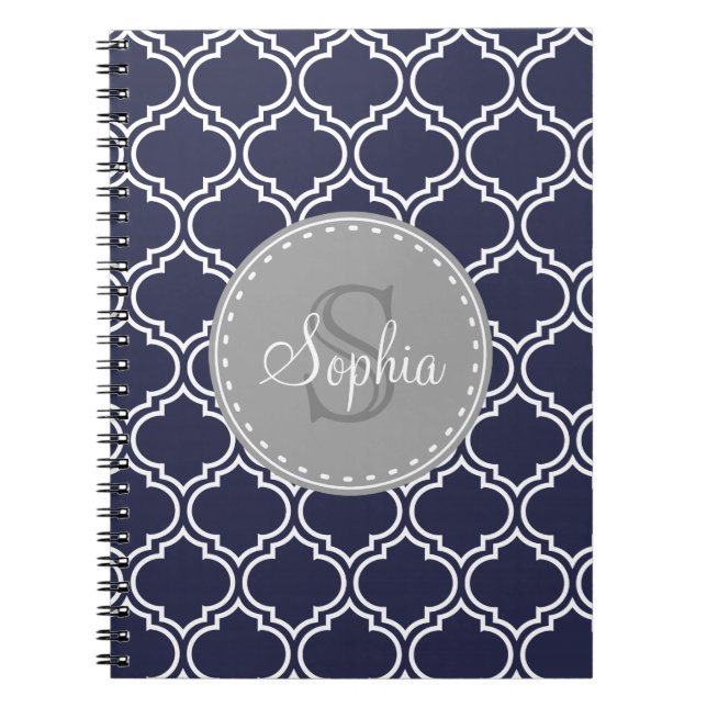 Carnet Motif en treillis bleu de la marine monogramme (Devant)