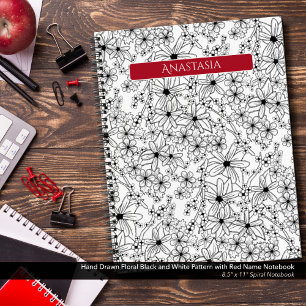 Carnet Motif et nom rouge floral noir