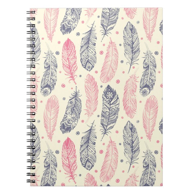 Carnet Motif Ethnique De Plumes Rose Et Violet (Devant)