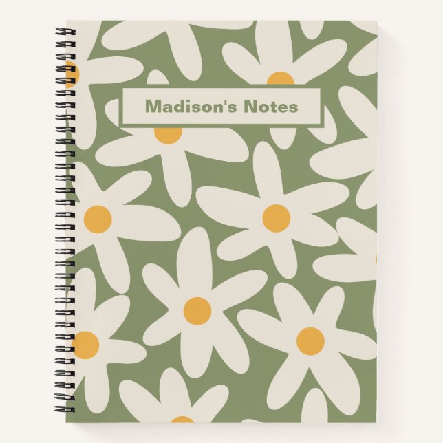 Carnet Motif Fleur Rétro Temps de Marguerites Vert Sauge (Devant)