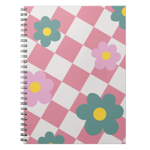 Carnet Motif floral à carreaux rose – Fleur mignonne rétr