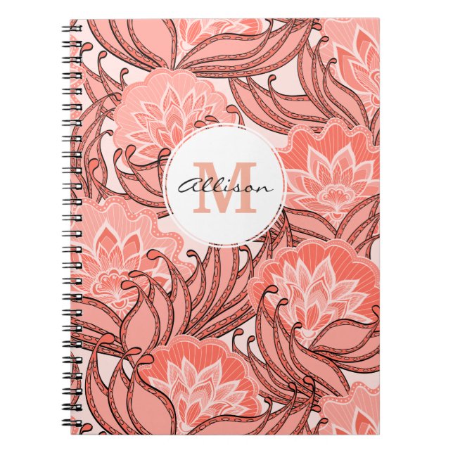 Carnet Motif floral de corail vibrant Monogramme (Devant)