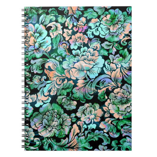 Carnet Motif floral en vert et pêche (Devant)