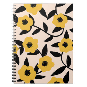 Carnet Motif floral jaune minimaliste avec feuilles noire