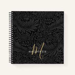 Carnet Motif floral noir à monogramme or élégant