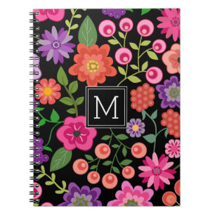 Carnet Motif floral noir tendance avec Monogramme personn