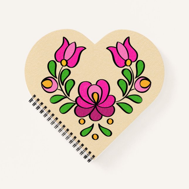 Carnet Motif hongrois de broderie, "Matyó" - rose (Devant)
