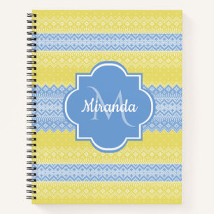 Carnet Motif Knit jaune et bleu clair avec Monogramme