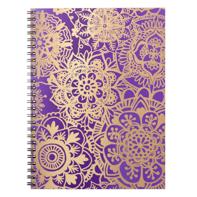 Carnet Motif Mandala Floral violet et or (Devant)