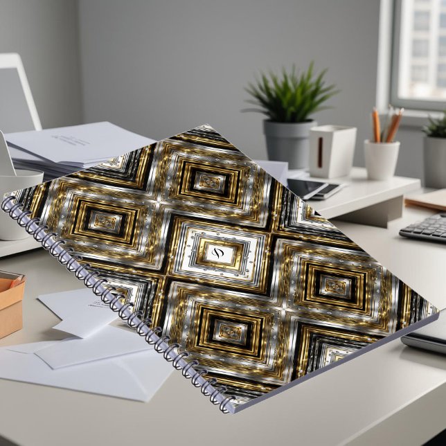 Carnet Motif moderne en argent, or et noir, monogramme (Créateur téléchargé)