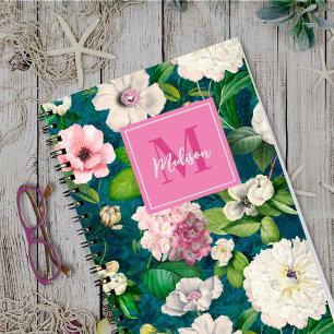 Carnet Motif monogramme vert fleuri et rose