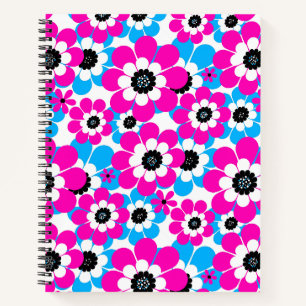 Carnet Motif néon floral lumineux rouge cramoisi et bleu