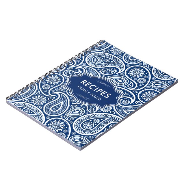 Carnet Motif Paisley Bleu Marine et Blanc (Côté gauche)