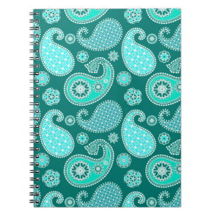 Carnet Motif Paisley, Turquoise, Aqua et Blanc