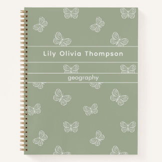 Carnet Motif Papillon Boho Fille de l'École Nom Vert Saug