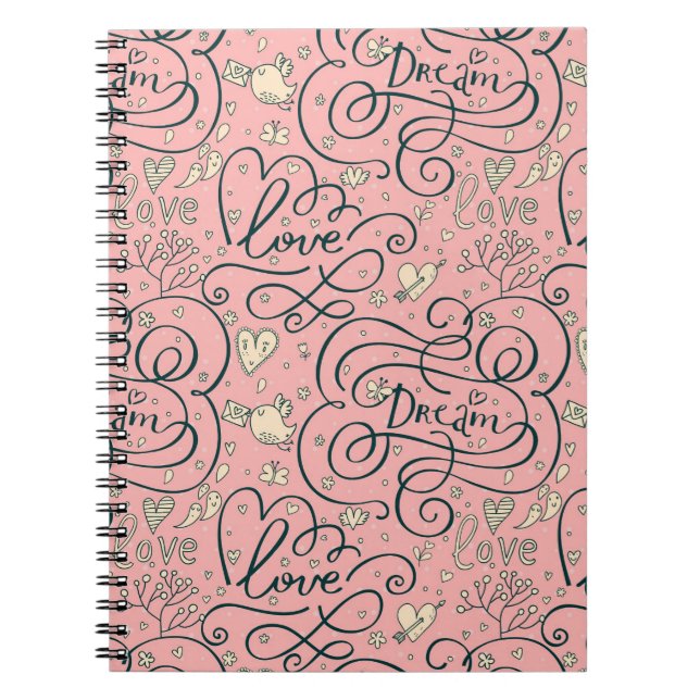 Carnet Motif romantique avec des coeurs et des oiseaux (Devant)