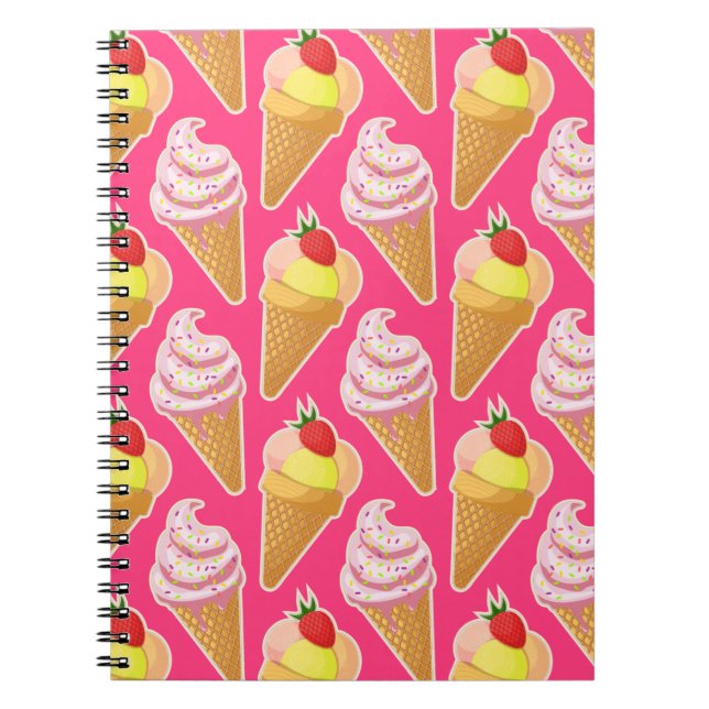 Carnet Motif rose Kawaii avec crème glacée aux fraises (Devant)