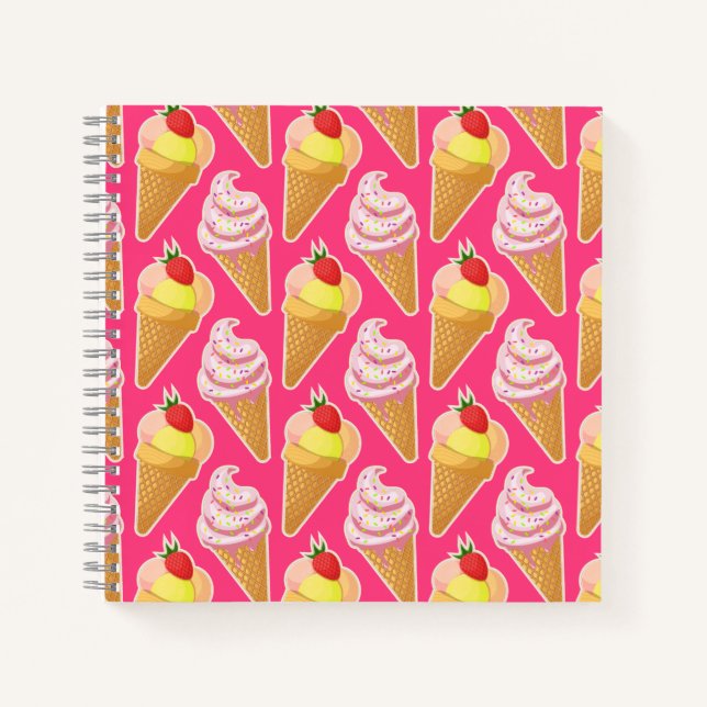 Carnet Motif rose Kawaii avec crème glacée aux fraises (Devant)