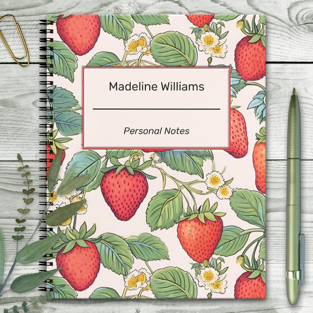 Carnet Motif rouge fraise (Notebook featuring a strawberry pattern on the front and red polka dot pattern on the back)