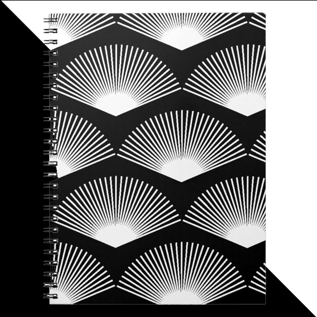 Carnet Motif Ventilateur blanc Art déco Arrière - plan no (A notebook with an art deco white fan pattern on a black background.)