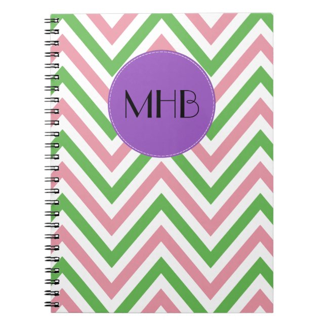 Carnet Motif Zigzag, Chevron, Rose, Vert, Monogramme (Devant)