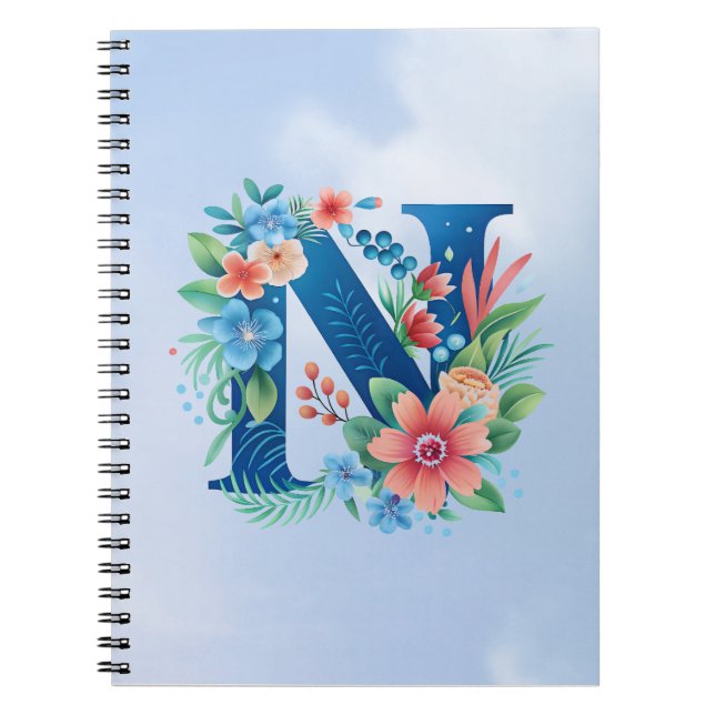 Carnet N monogramme bleu avec fleurs (Devant)