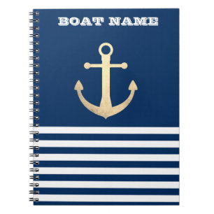 Carnet Nautique, Ancre Dorée Rayures Bleu Marine