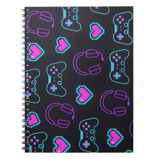 Carnet Neon Gamer Controller and Hearts Pattern (Devant)