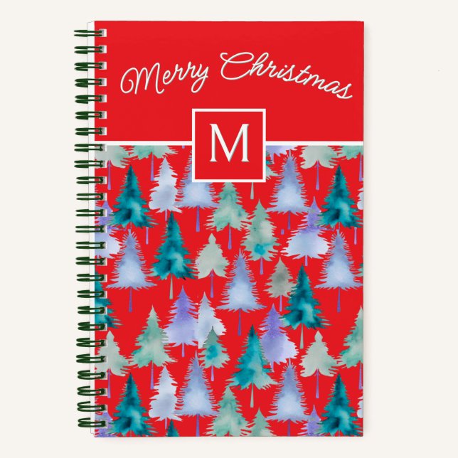Carnet Noël Arbres Motifs Festive Rouge Monogrammé (Recto)