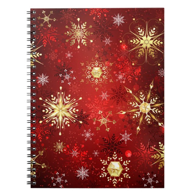 Carnet Noël Golden Snowflakes sur Arrière - plan rouge (Devant)