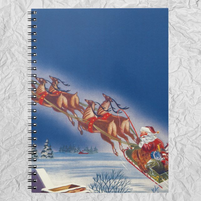 Carnet Noël Vintage, Père Noël Flying Sleigh w Reindeer (Créateur téléchargé)