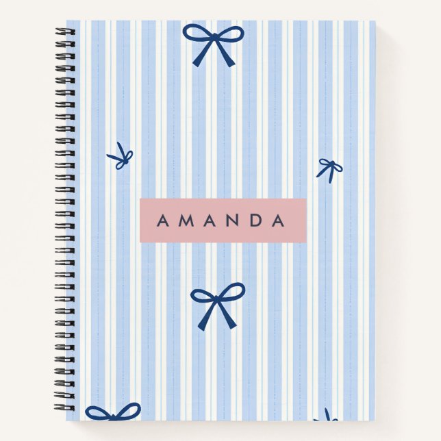 Carnet Nœud rayé pastel bleu classique personnalisé (Devant)