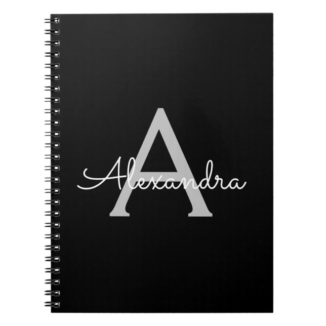 Carnet Noir Argent moderne Script Girl Monogramme Nom (Devant)