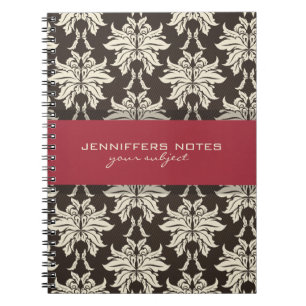Carnet Noir Beige Et Bourgogne Rouge Floral Damas