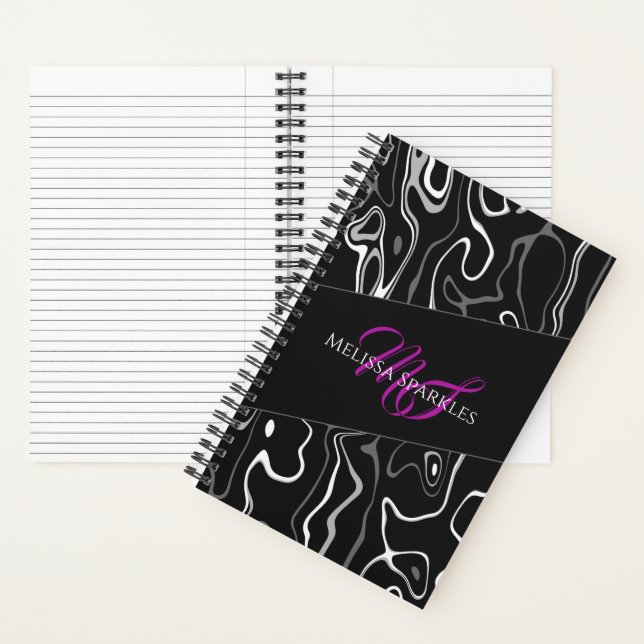 Carnet Noir blanc damas abstrait motif Monogramme (À l'intérieur)