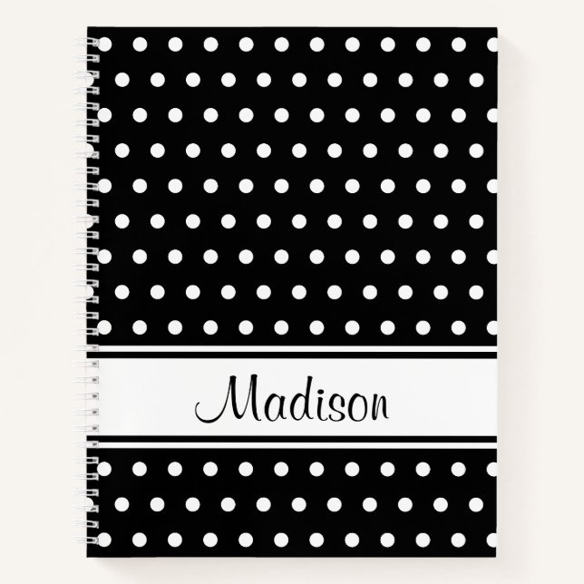 Carnet Noir blanc Polka Dot Stripe Nom du script (Devant)