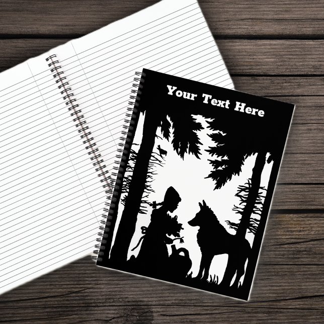 Carnet Noir Blanc Silhouette Rouge Chaperon d'équitation  (Black White Image Little Red Riding hood with Wolf in Woods on spiral notebook with lined paper.)