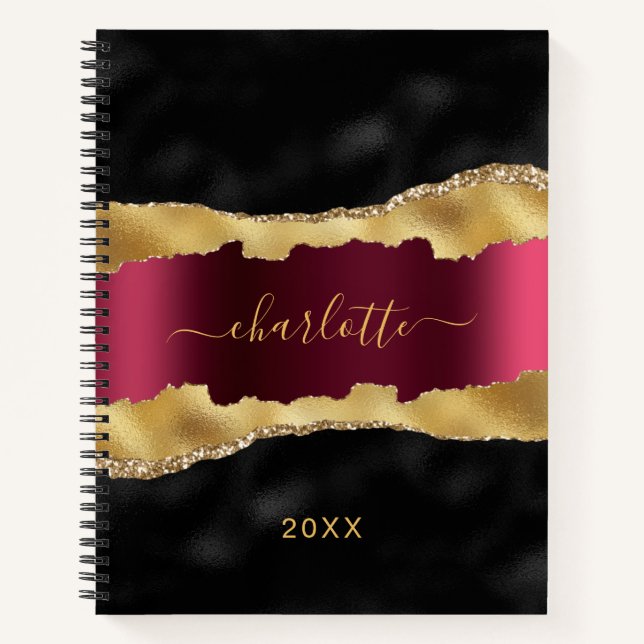 Carnet Noir bordeaux or agate marbre nom script (Devant)