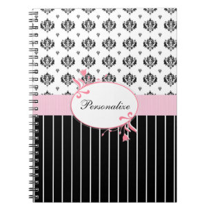 Carnet Noir Et Blanc Damas Chic Rose Floral Avec Nom