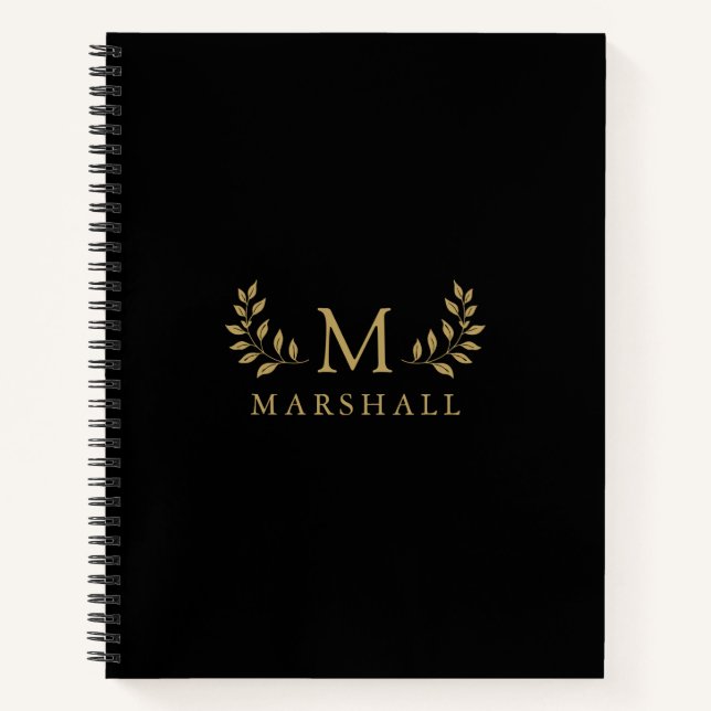 Carnet Noir Et Or Moderne Élégant Monogramme Floral Nom (Devant)