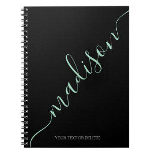 Carnet Noir moderne Mint Vert Nom manuscrit Monogramme
