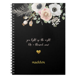 Carnet Noir personnalisé et rose floral